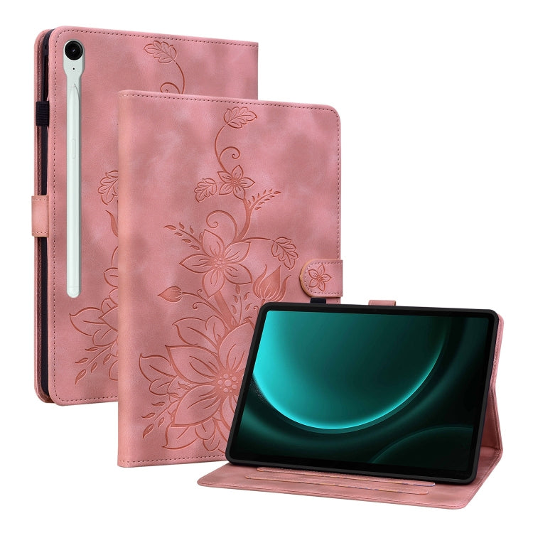 For Samsung Galaxy Tab S9 / S9 FE Lily Embossed Leather Tablet Case(Pink) - Galaxy Tab S9 Cases by buy2fix | Online Shopping UK | buy2fix