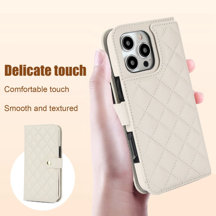 For iPhone 16 Pro Max Crossbody Multifunction Rhombic Leather Phone Case(White) - iPhone 16 Pro Max Cases by buy2fix | Online Shopping UK | buy2fix