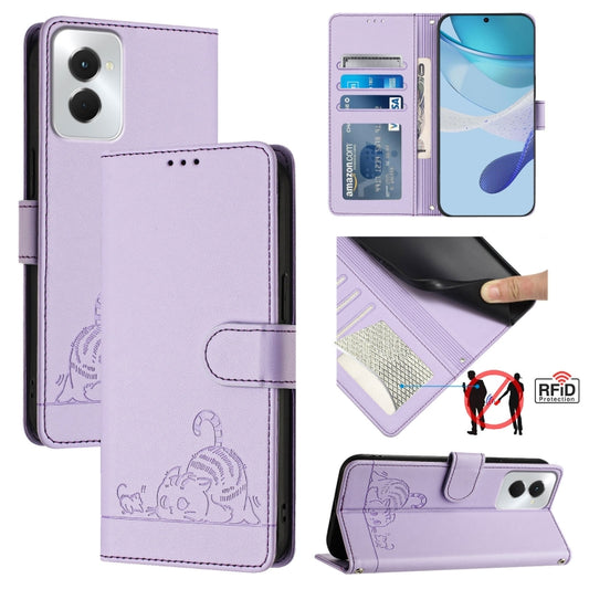For Motorola Moto G Power 5G 2024 Cat Rat Embossed Pattern RFID Leather Phone Case with Lanyard(Purple) - Motorola Cases by buy2fix | Online Shopping UK | buy2fix
