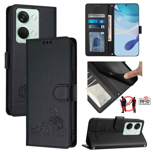 For OnePlus Ace 2V / Nord 3 Cat Rat Embossed Pattern RFID Leather Phone Case with Lanyard(Black) - OnePlus Cases by buy2fix | Online Shopping UK | buy2fix