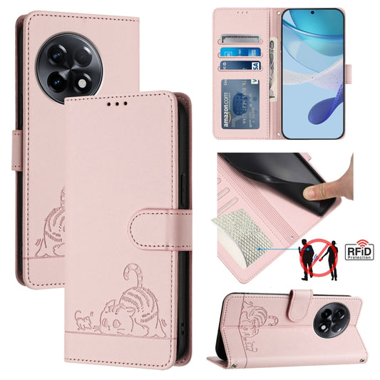 For OnePlus 11R 5G Global Cat Rat Embossed Pattern RFID Leather Phone Case with Lanyard(Pink) - OnePlus Cases by buy2fix | Online Shopping UK | buy2fix