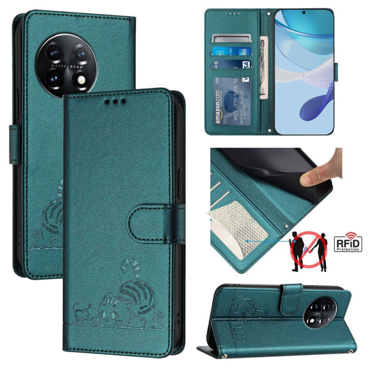 For OnePlus 11 Cat Rat Embossed Pattern RFID Leather Phone Case with Lanyard(Peacock Green) - OnePlus Cases by buy2fix | Online Shopping UK | buy2fix