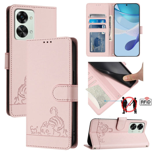 ForFor OnePlus Nord 2T Cat Rat Embossed Pattern RFID Leather Phone Case with Lanyard(Pink) - OnePlus Cases by buy2fix | Online Shopping UK | buy2fix