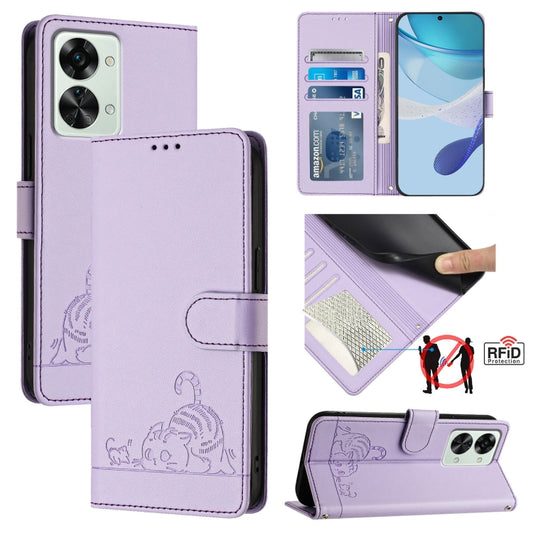 ForFor OnePlus Nord 2T Cat Rat Embossed Pattern RFID Leather Phone Case with Lanyard(Purple) - OnePlus Cases by buy2fix | Online Shopping UK | buy2fix