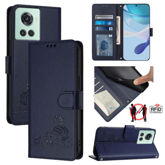 For OnePlus 10R / ACE / 10R Prime Cat Rat Embossed Pattern RFID Leather Phone Case with Lanyard(Blue) - OnePlus Cases by buy2fix | Online Shopping UK | buy2fix