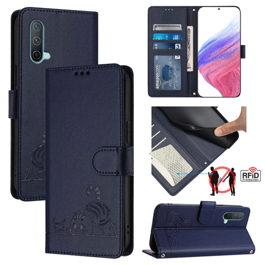 For OnePlus Nord CE 5G Cat Rat Embossed Pattern RFID Leather Phone Case with Lanyard(Blue) - OnePlus Cases by buy2fix | Online Shopping UK | buy2fix