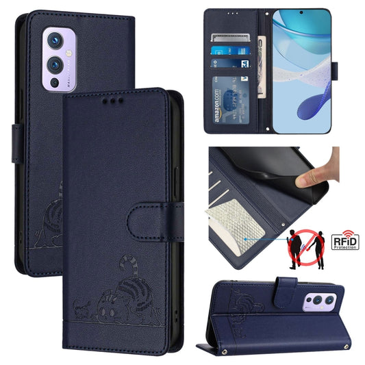 For OnePlus 9 Cat Rat Embossed Pattern RFID Leather Phone Case with Lanyard(Blue) - OnePlus Cases by buy2fix | Online Shopping UK | buy2fix