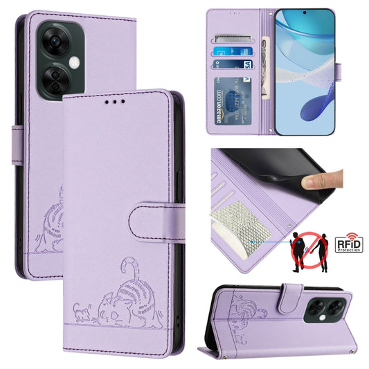 For OnePlus Nord CE 3 Lite 5G Cat Rat Embossed Pattern RFID Leather Phone Case with Lanyard(Purple) - OnePlus Cases by buy2fix | Online Shopping UK | buy2fix