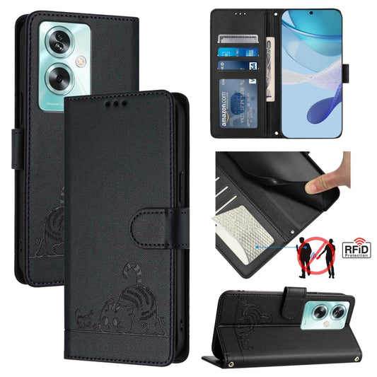 For OnePlus Nord N30 SE 5G Cat Rat Embossed Pattern RFID Leather Phone Case with Lanyard(Black) - OnePlus Cases by buy2fix | Online Shopping UK | buy2fix