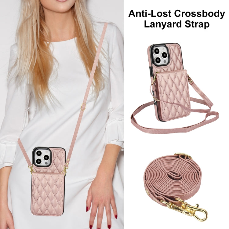 For iPhone 16 Pro YM015 Crossbody Rhombic Card Bag RFID Phone Case(Rose Gold) - iPhone 16 Pro Cases by buy2fix | Online Shopping UK | buy2fix