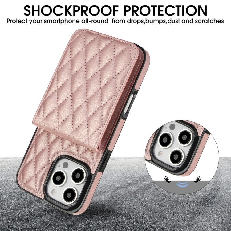 For iPhone 16 Pro YM015 Crossbody Rhombic Card Bag RFID Phone Case(Rose Gold) - iPhone 16 Pro Cases by buy2fix | Online Shopping UK | buy2fix