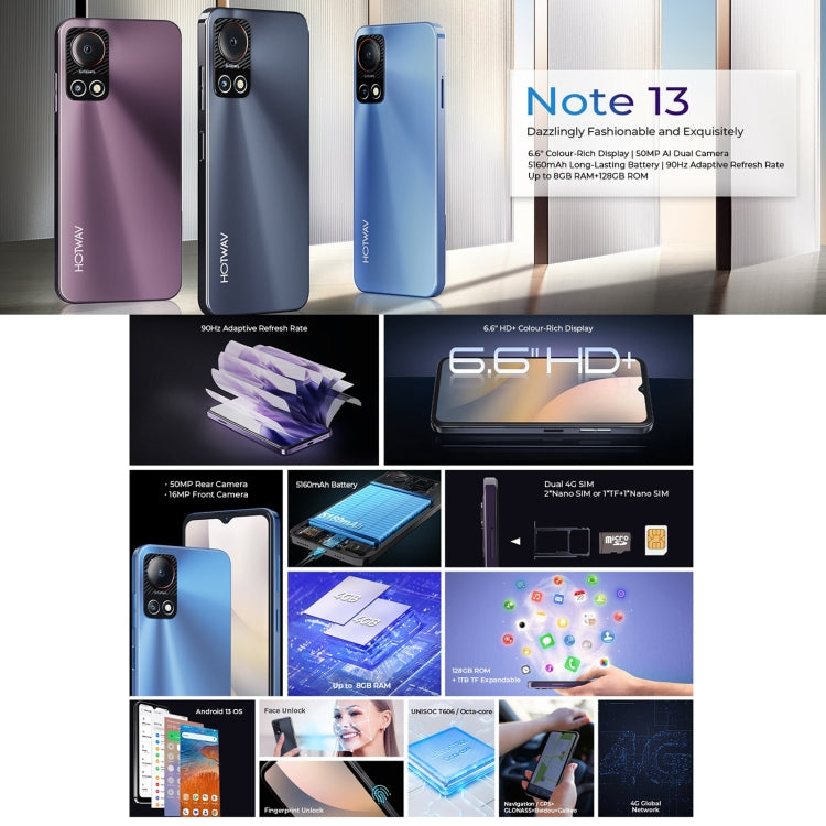 [HK Warehouse] HOTWAV Note 13, 4GB+128GB, Side Fingerprint Identification, 6.6 inch Android 13 T606 Octa Core up to 1.6GHz, Network: 4G, NFC, OTG(Violet) - Other by HOTWAV | Online Shopping UK | buy2fix