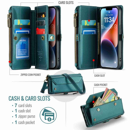 For iPhone 14 Plus CaseMe C36 Card Slots Zipper Wallet RFID Anti-theft Leather Phone Case(Blue-green) - iPhone 14 Plus Cases by CaseMe | Online Shopping UK | buy2fix