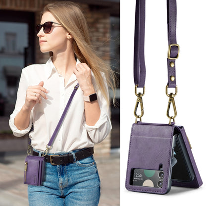 For Samsung Galaxy Z Flip3 5G DG.MING M5 Series Zip RFID Multi Card Detachable Leather Phone Case with Long Lanyard(Purple) - Galaxy Phone Cases by DG.MING | Online Shopping UK | buy2fix