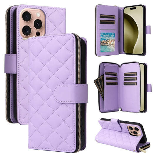 For iPhone 16 Pro Crossbody Rhombic Zipper Tower Buckle Leather Phone Case with Lanyard(Purple) - iPhone 16 Pro Cases by buy2fix | Online Shopping UK | buy2fix