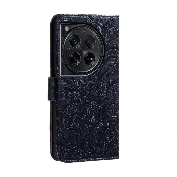 For OnePlus 12 Lace Flower Embossing Flip Leather Phone Case(Dark Blue) - OnePlus Cases by buy2fix | Online Shopping UK | buy2fix