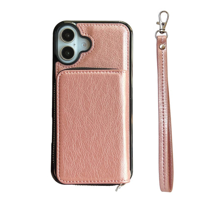 For iPhone 16 Solid Color Zipper 11-Card Slots Bag Phone Case with Lanyard(Rose Gold) - iPhone 16 Cases by buy2fix | Online Shopping UK | buy2fix