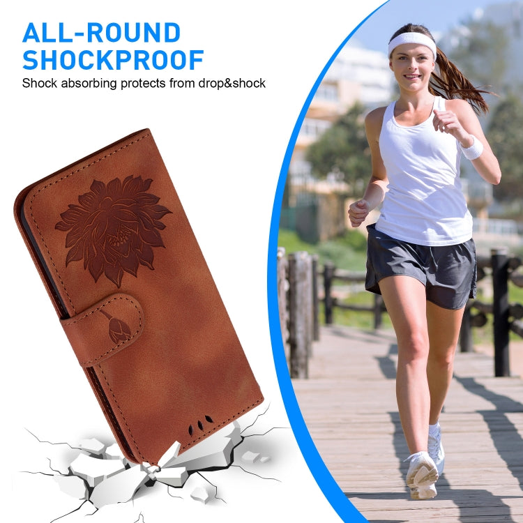 For iPhone 16 Lotus Embossed Leather Phone Case(Brown) - iPhone 16 Cases by buy2fix | Online Shopping UK | buy2fix