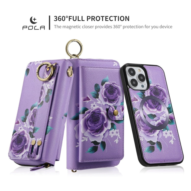 For iPhone 13 Pro Max POLA MagSafe Flower Multi-functional Zipper Wallet Leather Phone Case(Purple) - iPhone 13 Pro Max Cases by buy2fix | Online Shopping UK | buy2fix