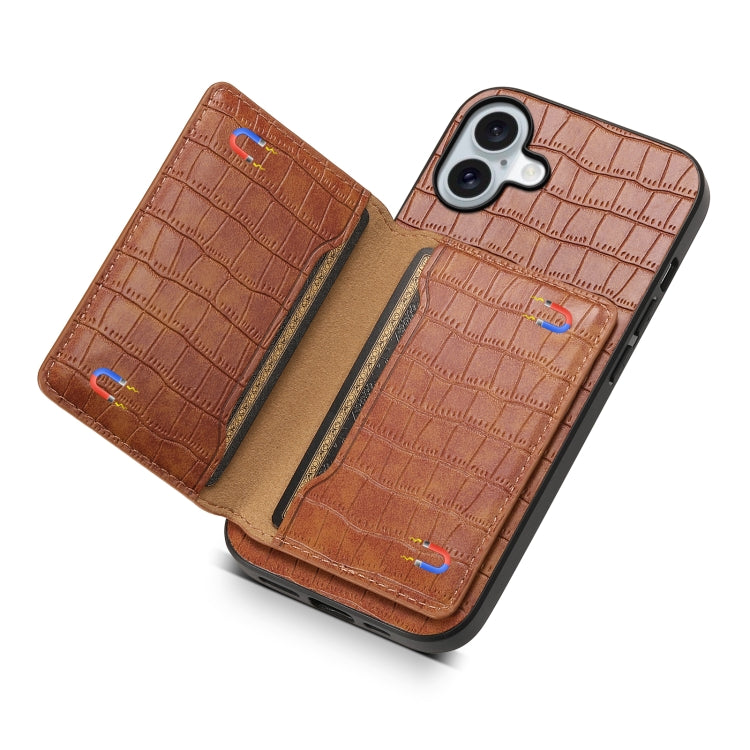 For iPhone 16 Crocodile Texture Card Bag Design Full Coverage Phone Case(Brown) - iPhone 16 Cases by buy2fix | Online Shopping UK | buy2fix