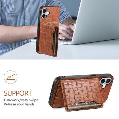 For iPhone 16 Crocodile Texture Card Bag Design Full Coverage Phone Case(Brown) - iPhone 16 Cases by buy2fix | Online Shopping UK | buy2fix