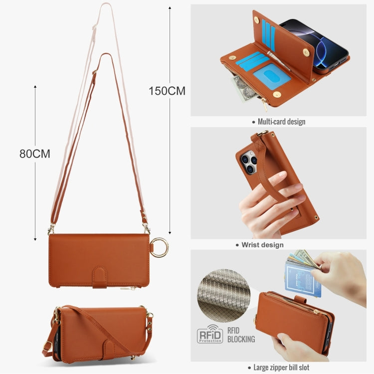 For iPhone 16 Pro Crossbody Ring Multifunctional Wallet Leather Phone Case(Brown) - More iPhone Cases by buy2fix | Online Shopping UK | buy2fix