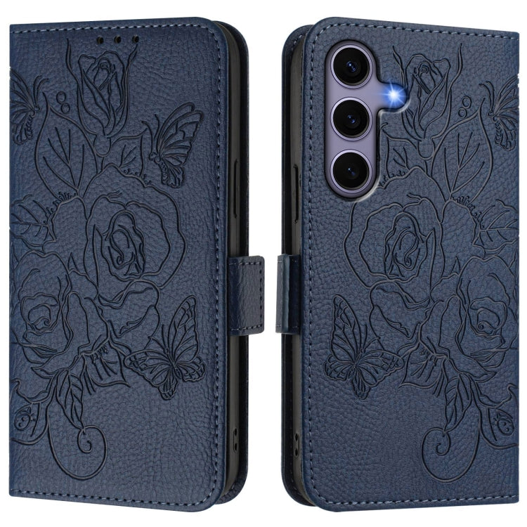 For Samsung Galaxy S25 5G Embossed Rose RFID Anti-theft Leather Phone Case(Dark Blue) - Galaxy S25 5G Cases by buy2fix | Online Shopping UK | buy2fix