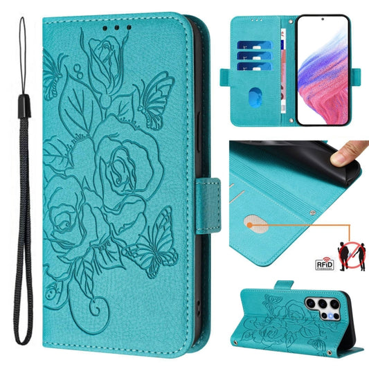 For Samsung Galaxy S25 Ultra 5G Embossed Rose RFID Anti-theft Leather Phone Case(Light Blue) - Galaxy S25 Ultra 5G Cases by buy2fix | Online Shopping UK | buy2fix