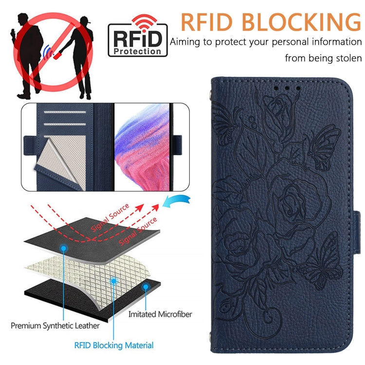 For OnePlus 11 Embossed Rose RFID Anti-theft Leather Phone Case(Dark Blue) - OnePlus Cases by buy2fix | Online Shopping UK | buy2fix