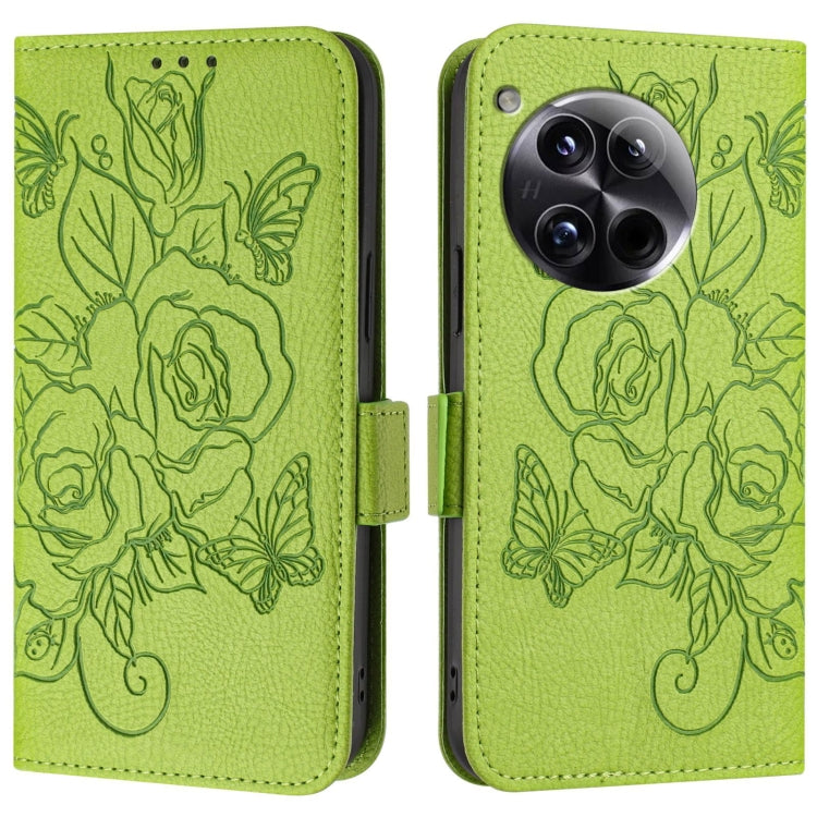 For OnePlus 12 5G Embossed Rose RFID Anti-theft Leather Phone Case(Green) - OnePlus Cases by buy2fix | Online Shopping UK | buy2fix