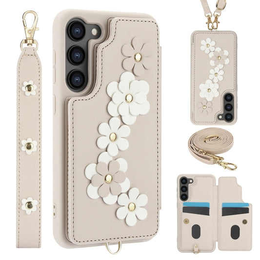 For Samsung Galaxy S25+ 5G Crossbody Flower Pattern Leather Phone Case(White) - Galaxy S23+ 5G Cases by buy2fix | Online Shopping UK | buy2fix