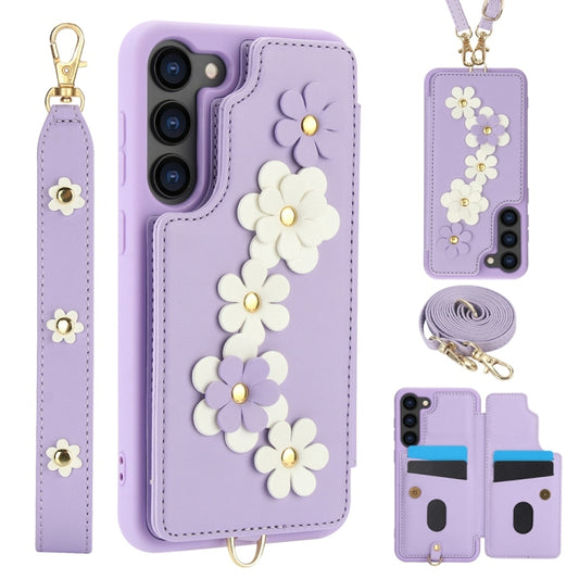 For Samsung Galaxy S25+ 5G Crossbody Flower Pattern Leather Phone Case(Purple) - Galaxy S23+ 5G Cases by buy2fix | Online Shopping UK | buy2fix