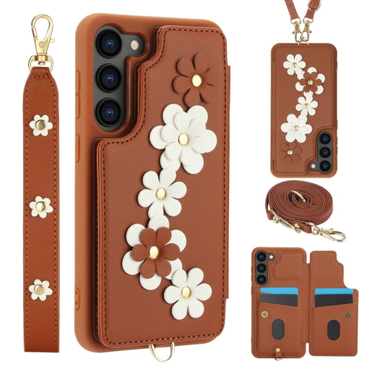 For Samsung Galaxy S25+ 5G Crossbody Flower Pattern Leather Phone Case(Brown) - Galaxy S23+ 5G Cases by buy2fix | Online Shopping UK | buy2fix