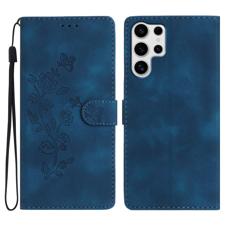 For Samsung Galaxy S25 Ultra 5G Flower Butterfly Embossing Pattern Leather Phone Case(Blue) - Galaxy S25 Ultra 5G Cases by buy2fix | Online Shopping UK | buy2fix