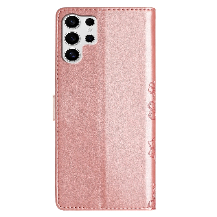 For Samsung Galaxy S25 Ultra 5G Cherry Blossom Butterfly Skin Feel Embossed PU Phone Case(Rose Gold) - Galaxy S25 Ultra 5G Cases by buy2fix | Online Shopping UK | buy2fix