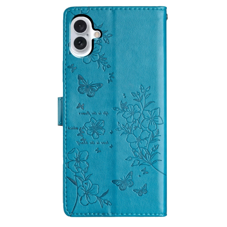 For iPhone 16 Butterflies and Flowers Leather Phone Case(Blue) - iPhone 16 Cases by buy2fix | Online Shopping UK | buy2fix