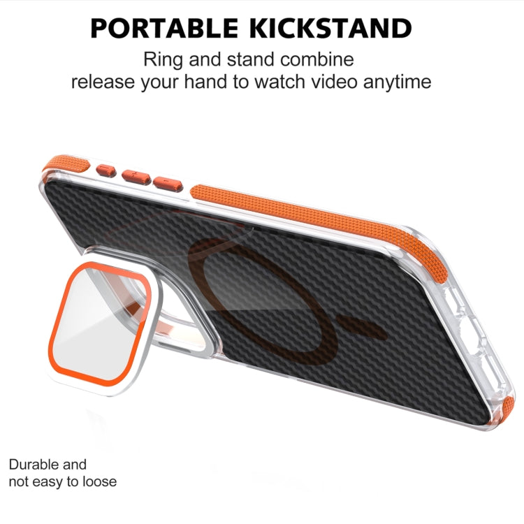 For iPhone 13 Pro Max Magsafe Dual-Color Carbon Fiber Lens Film Phone Case with Lens Fold Holder(Orange) - iPhone 13 Pro Max Cases by buy2fix | Online Shopping UK | buy2fix