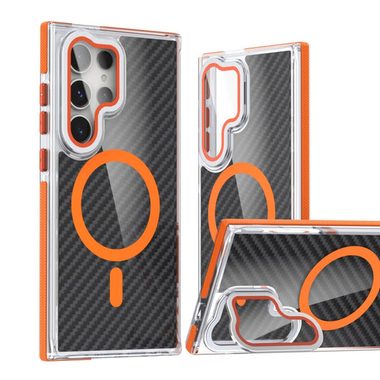 For Samsung Galaxy S24 Ultra 5G Magsafe Dual-Color Carbon Fiber Lens Film Phone Case with Lens Fold Holder(Orange) - Galaxy S24 Ultra 5G Cases by buy2fix | Online Shopping UK | buy2fix