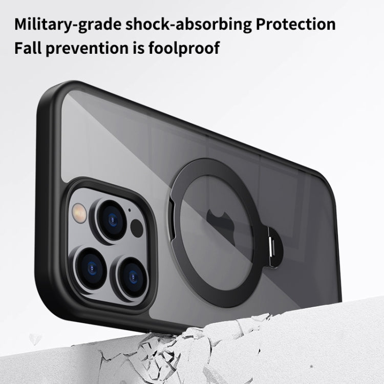 For iPhone 14 Transparent MagSafe Magnetic Rotating Ring Holder Phone Case(Black) - iPhone 14 Cases by buy2fix | Online Shopping UK | buy2fix