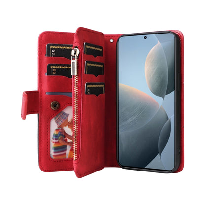 For Redmi K70 Dual-color 9 Card Slots Zipper Wallet Leather Phone Case(Red) - K70 Cases by buy2fix | Online Shopping UK | buy2fix