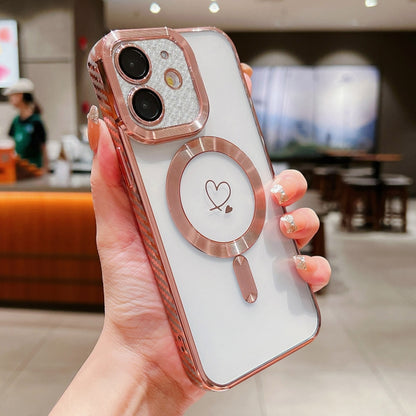 For iPhone 11 Loves Carbon Fiber Clear Plated Magsafe TPU Phone Case(Rose Pink) - iPhone 11 Cases by buy2fix | Online Shopping UK | buy2fix