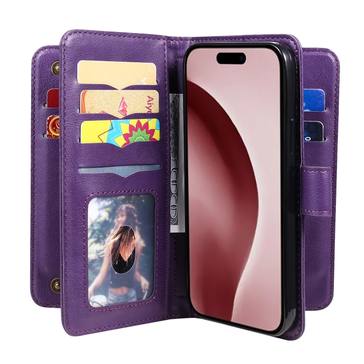 For iPhone 16 Pro Multi-Function Wallet 10 Card Slots Leather Phone Case(Violet) - iPhone 16 Pro Cases by buy2fix | Online Shopping UK | buy2fix