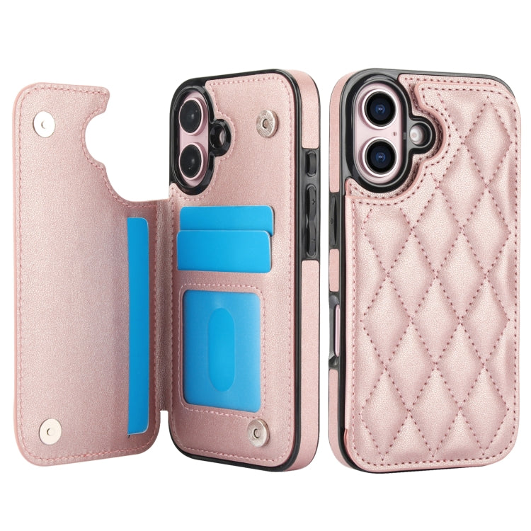 For iPhone 16 Plus Double Buckle Rhombic PU Leather Phone Case(Rose Gold) - iPhone 16 Plus Cases by buy2fix | Online Shopping UK | buy2fix