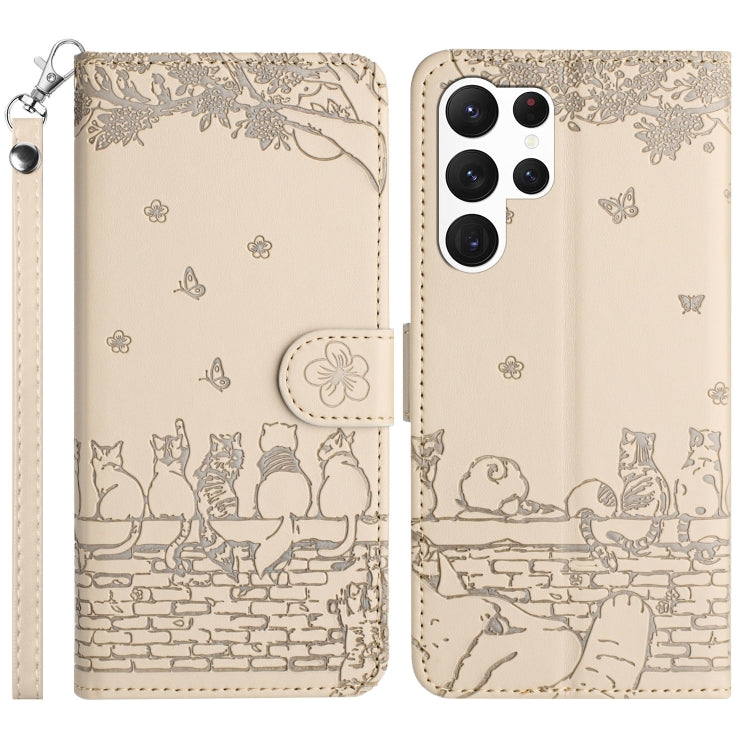 For Samsung Galaxy S25 Ultra 5G Cat Embossing Pattern Leather Phone Case with Lanyard(Beige) - Galaxy S25 Ultra 5G Cases by buy2fix | Online Shopping UK | buy2fix