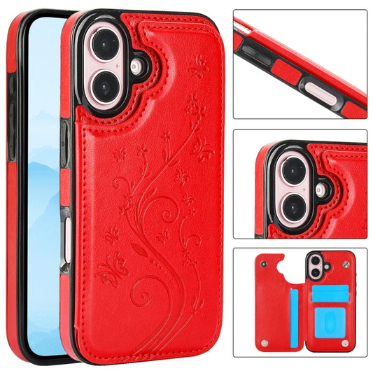 For iPhone 16 Plus Double Buckle Butterfly Embossing PU Phone Case(Red) - iPhone 16 Plus Cases by buy2fix | Online Shopping UK | buy2fix