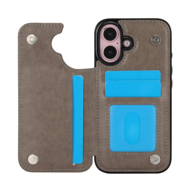 For iPhone 16 Plus Double Buckle Butterfly Embossing PU Phone Case(Grey) - iPhone 16 Plus Cases by buy2fix | Online Shopping UK | buy2fix