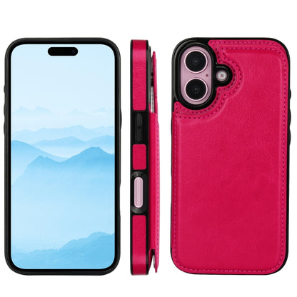 For iPhone 16 Double Buckle Crazy Horse Texture PU Phone Case(Rose Red) - iPhone 16 Cases by buy2fix | Online Shopping UK | buy2fix