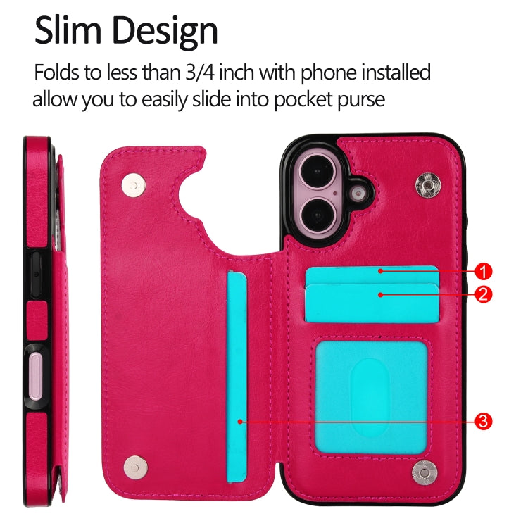 For iPhone 16 Double Buckle Crazy Horse Texture PU Phone Case(Rose Red) - iPhone 16 Cases by buy2fix | Online Shopping UK | buy2fix