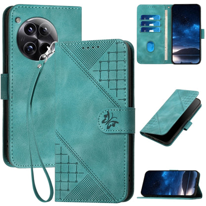 For OnePlus 12 YX0080 Grid Butterfly Embossed Pattern Flip Leather Phone Case with Lanyard(Light Blue) - OnePlus Cases by buy2fix | Online Shopping UK | buy2fix