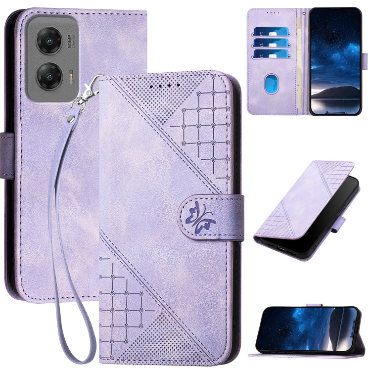 For Motorola Moto G Stylus 5G 2024 YX0080 Grid Butterfly Embossed Pattern Flip Leather Phone Case with Lanyard(Light Purple) - Motorola Cases by buy2fix | Online Shopping UK | buy2fix